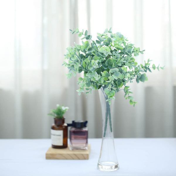 3 Bushes - 14" Frosted Green Flexible Artificial Eucalyptus Stems - UV Protected Artificial Outdoor Plant