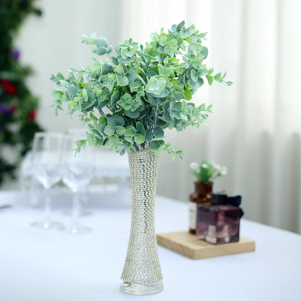 3 Bushes - 14" Frosted Green Flexible Artificial Eucalyptus Stems - UV Protected Artificial Outdoor Plant