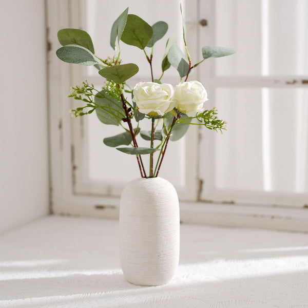 15inch Artificial Seeded Eucalyptus Leaves Stems, Ivory Silk Roses Wedding Greenery Bouquet Floral