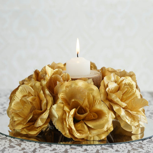 Silk Rose Candle Ring Artificial Flowers - Gold - 4 pcs