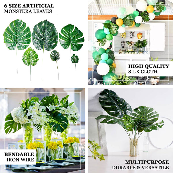 6 Stems | Monstera Tropical Leaf, Artificial Leaves For Hawaiian Luau Party Decoration - Assorted Green