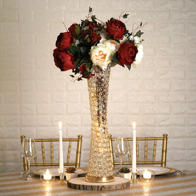 Elegant Tall Hurricane Beaded Crystal Vase Wedding Centerpiece - Gold - 24" Tall