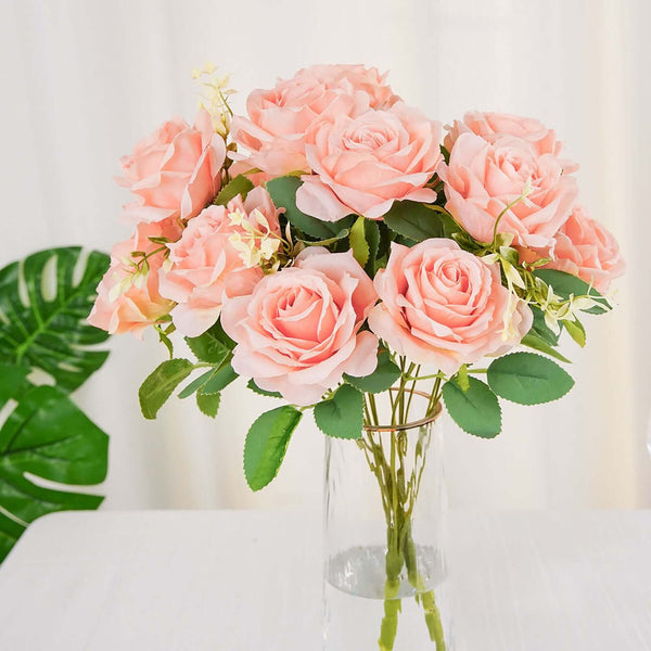 2 Bushes Light Blush Silk Rose Bouquets – Real Touch Long Stem Artificial Flowers 18"