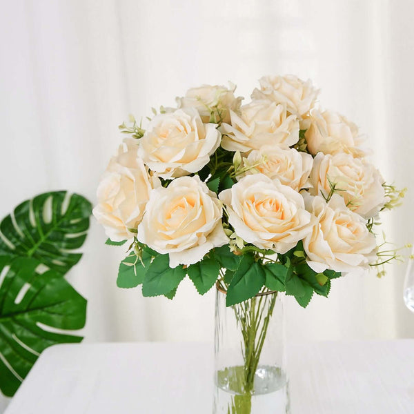 2 Bushes Cream Silk Rose Bouquets – Real Touch Long Stem Artificial Flowers 18"