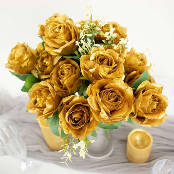 2 Bushes Gold Silk Rose Bouquets – Real Touch Long Stem Artificial Flowers 18"