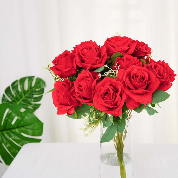 2 Bushes Red Silk Rose Bouquets – Real Touch Long Stem Artificial Flowers 18"