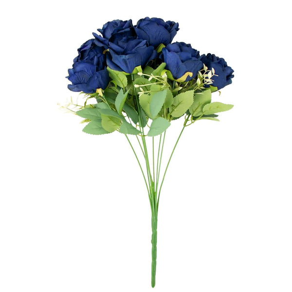2 Bushes Navy Blue Silk Rose Bouquets – Real Touch Long Stem Artificial Flowers 18"