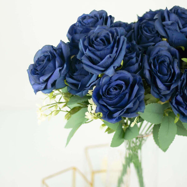 2 Bushes Navy Blue Silk Rose Bouquets – Real Touch Long Stem Artificial Flowers 18"