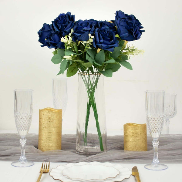 2 Bushes Navy Blue Silk Rose Bouquets – Real Touch Long Stem Artificial Flowers 18"