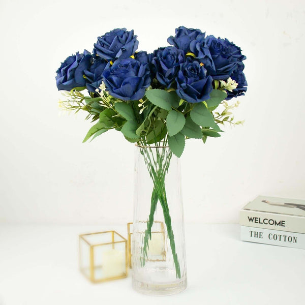 2 Bushes Navy Blue Silk Rose Bouquets – Real Touch Long Stem Artificial Flowers 18"