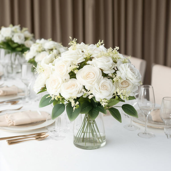 2 Bushes White Silk Rose Bouquets – Real Touch Long Stem Artificial Flowers 18"