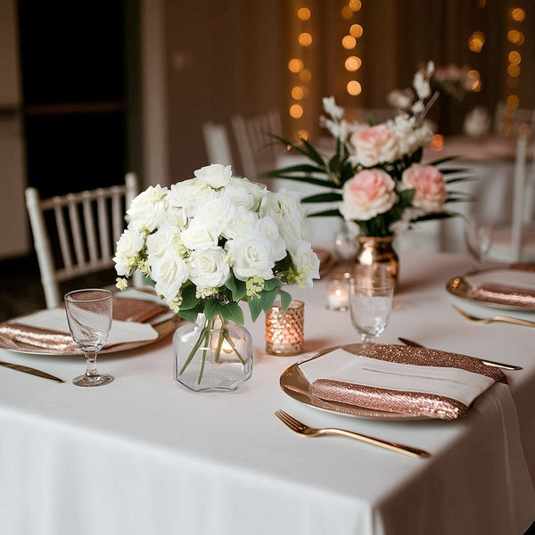 2 Bushes White Silk Rose Bouquets – Real Touch Long Stem Artificial Flowers 18"