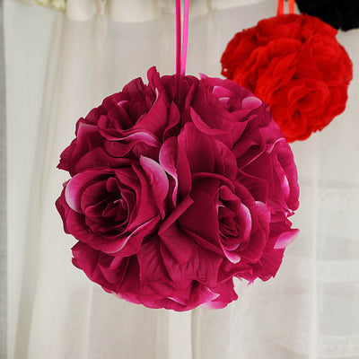 2 Pack | 7" Artificial Silk Rose Kissing Ball, Faux Flower Ball