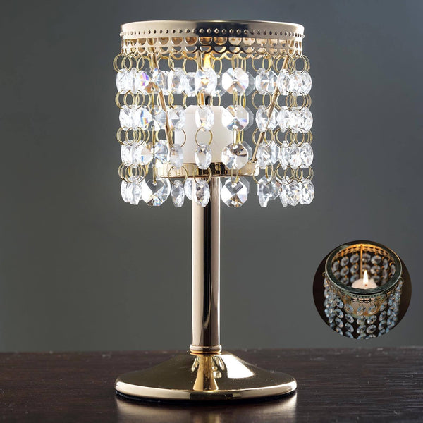 8" Crystal Beaded Chandelier Votive Pillar Candle Holder, Metal Tealight Candle Stand