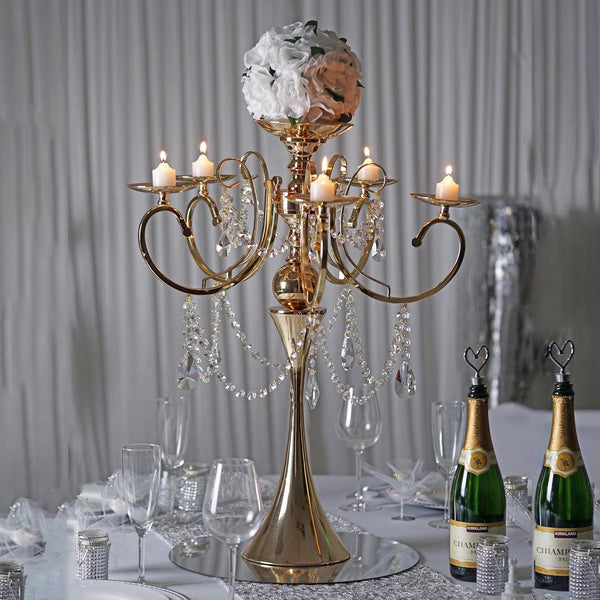 27" Metal 5 Arm Candelabra Votive Candle Holder With Hanging Crystal Drops