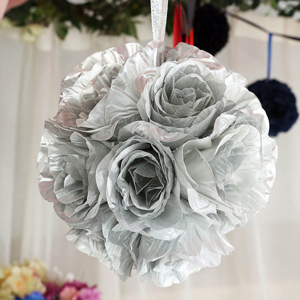 2 Pack | 7" Artificial Silk Rose Kissing Ball, Faux Flower Ball