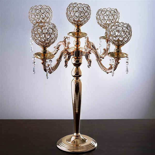 25" Tall 5 Arm Crystal Beaded Globe Metal Candelabra Candle Holder