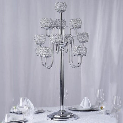 40" Tall 13 Arm Metal Crystal Beaded Candelabra Candle Holders, Goblet Votive Candle Holders