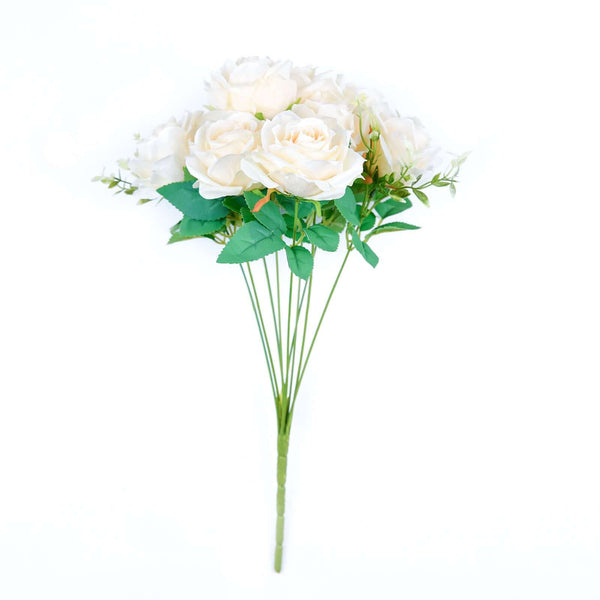 2 Bushes Cream Silk Rose Bouquets – Real Touch Long Stem Artificial Flowers 18"