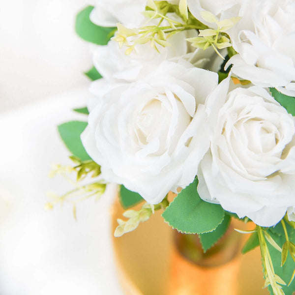 2 Bushes White Silk Rose Bouquets – Real Touch Long Stem Artificial Flowers 18"