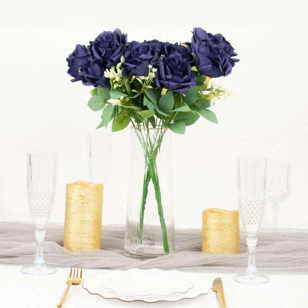 2 Bushes Navy Blue Silk Rose Bouquets – Real Touch Long Stem Artificial Flowers 18"