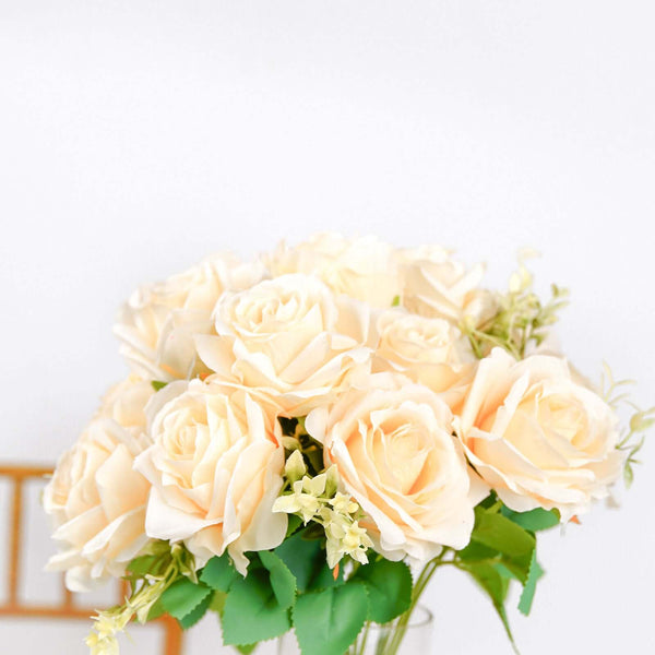 2 Bushes Cream Silk Rose Bouquets – Real Touch Long Stem Artificial Flowers 18"