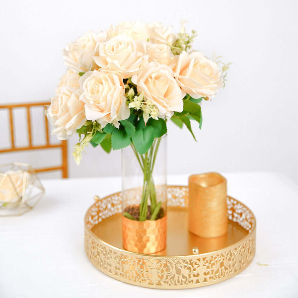 2 Bushes Cream Silk Rose Bouquets – Real Touch Long Stem Artificial Flowers 18"