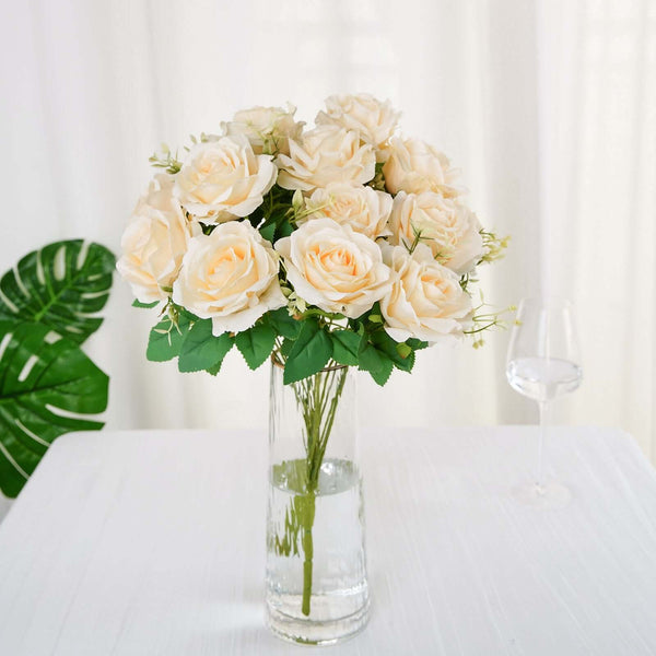 2 Bushes Cream Silk Rose Bouquets – Real Touch Long Stem Artificial Flowers 18"