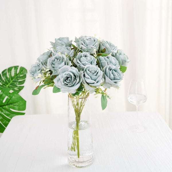 2 Bushes Dusty Blue Silk Rose Bouquets – Real Touch Long Stem Artificial Flowers 18"