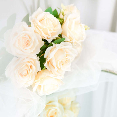 2 Bushes Cream Silk Rose Bouquets – Real Touch Long Stem Artificial Flowers 18"