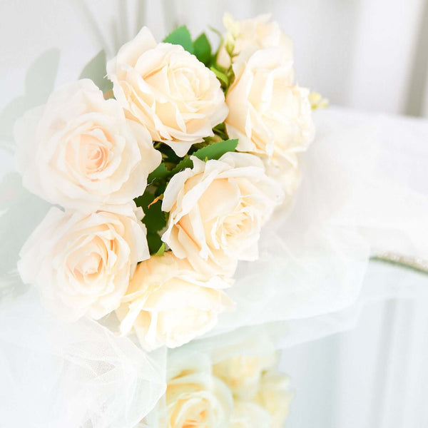 2 Bushes Cream Silk Rose Bouquets – Real Touch Long Stem Artificial Flowers 18"