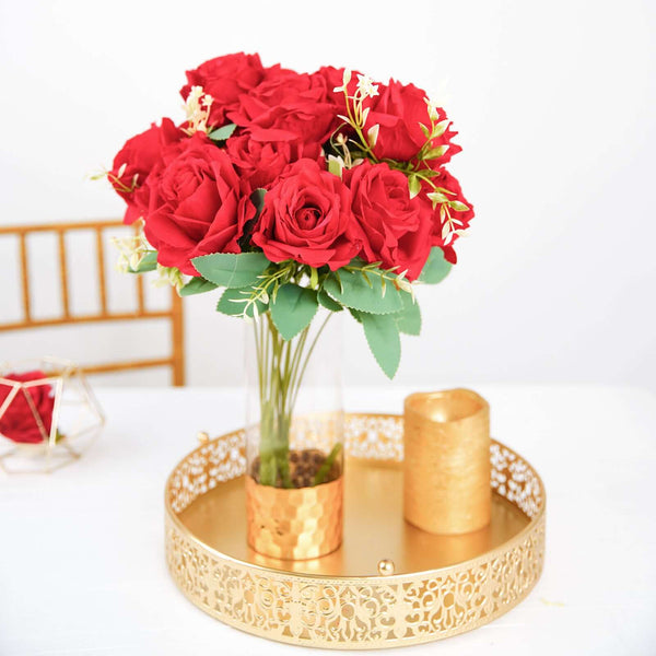 2 Bushes Red Silk Rose Bouquets – Real Touch Long Stem Artificial Flowers 18"