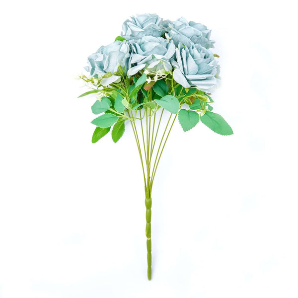 2 Bushes Dusty Blue Silk Rose Bouquets – Real Touch Long Stem Artificial Flowers 18"