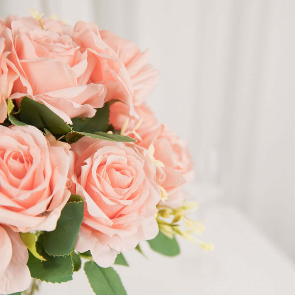 2 Bushes Light Blush Silk Rose Bouquets – Real Touch Long Stem Artificial Flowers 18"