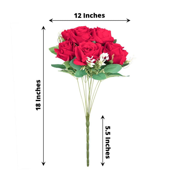 2 Bushes Red Silk Rose Bouquets – Real Touch Long Stem Artificial Flowers 18"