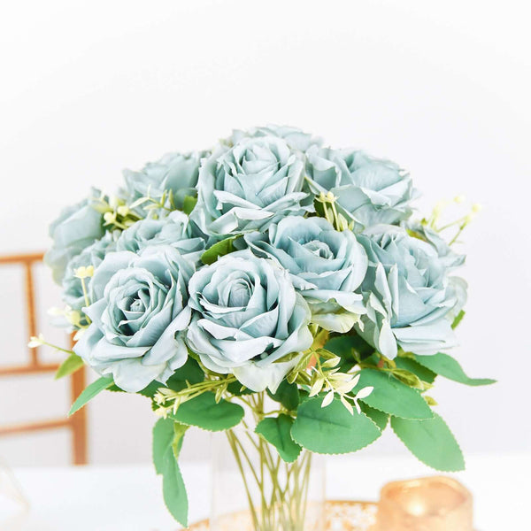 2 Bushes Dusty Blue Silk Rose Bouquets – Real Touch Long Stem Artificial Flowers 18"