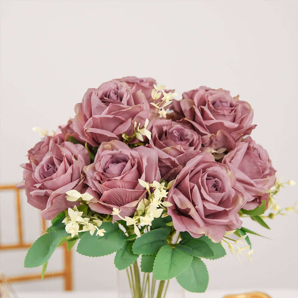 2 Bushes Dusty Rose Silk Rose Bouquets – Real Touch Long Stem Artificial Flowers 18"