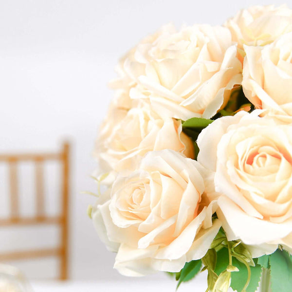 2 Bushes Cream Silk Rose Bouquets – Real Touch Long Stem Artificial Flowers 18"
