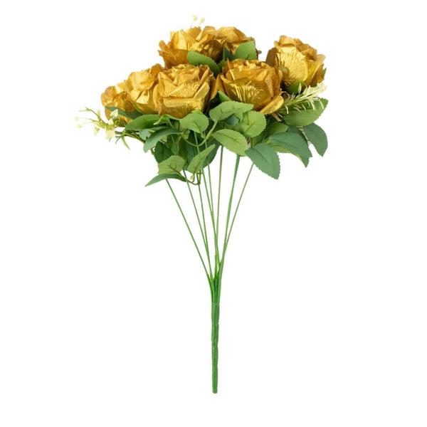 2 Bushes Gold Silk Rose Bouquets – Real Touch Long Stem Artificial Flowers 18"