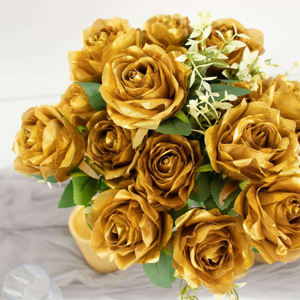 2 Bushes Gold Silk Rose Bouquets – Real Touch Long Stem Artificial Flowers 18"