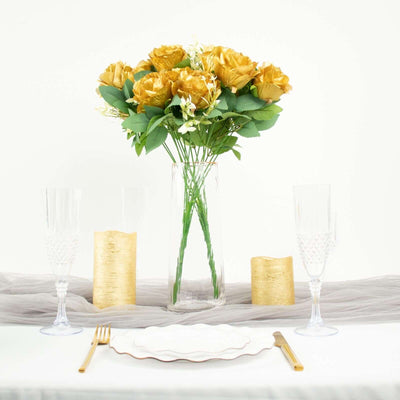2 Bushes Gold Silk Rose Bouquets – Real Touch Long Stem Artificial Flowers 18"