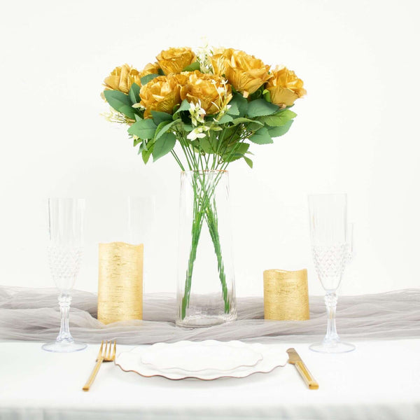 2 Bushes Gold Silk Rose Bouquets – Real Touch Long Stem Artificial Flowers 18"