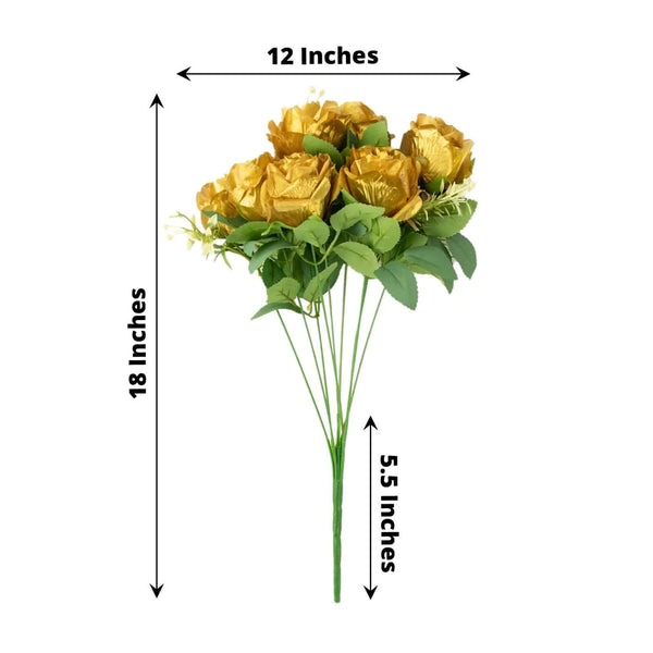 2 Bushes Gold Silk Rose Bouquets – Real Touch Long Stem Artificial Flowers 18"