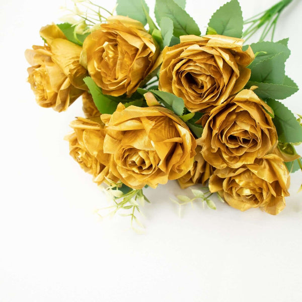 2 Bushes Gold Silk Rose Bouquets – Real Touch Long Stem Artificial Flowers 18"