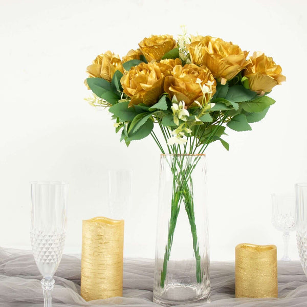 2 Bushes Gold Silk Rose Bouquets – Real Touch Long Stem Artificial Flowers 18"