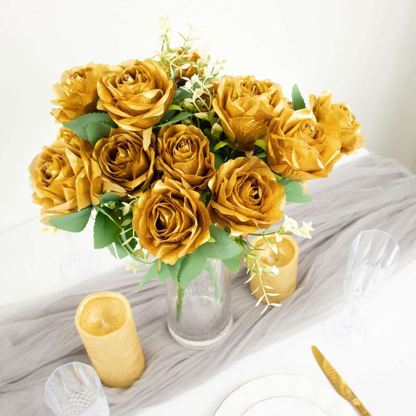 2 Bushes Gold Silk Rose Bouquets – Real Touch Long Stem Artificial Flowers 18"