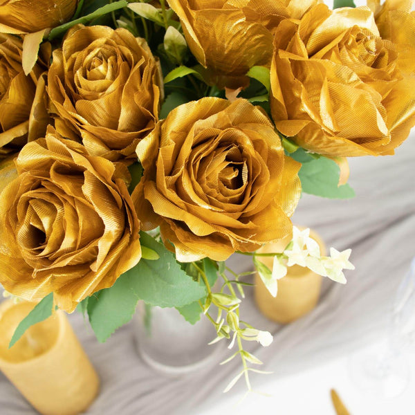 2 Bushes Gold Silk Rose Bouquets – Real Touch Long Stem Artificial Flowers 18"