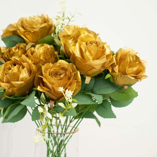 2 Bushes Gold Silk Rose Bouquets – Real Touch Long Stem Artificial Flowers 18"