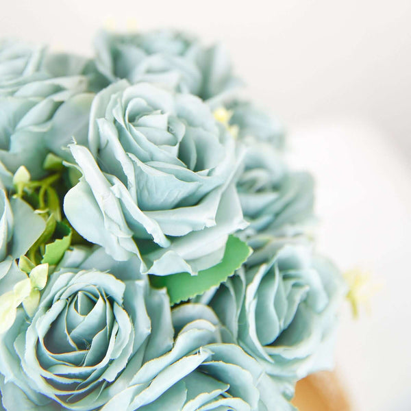 2 Bushes Dusty Blue Silk Rose Bouquets – Real Touch Long Stem Artificial Flowers 18"