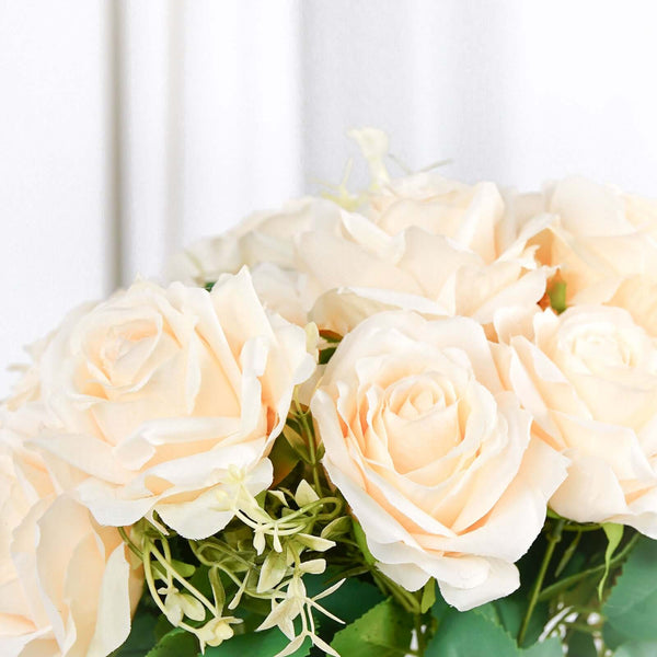 2 Bushes Cream Silk Rose Bouquets – Real Touch Long Stem Artificial Flowers 18"